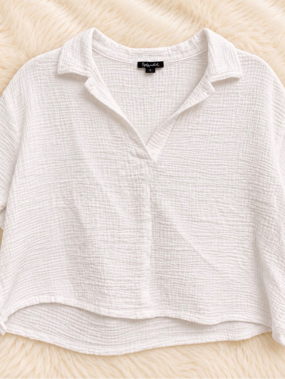 Splendid White Textured Gauze Collared V-Neck Tunic